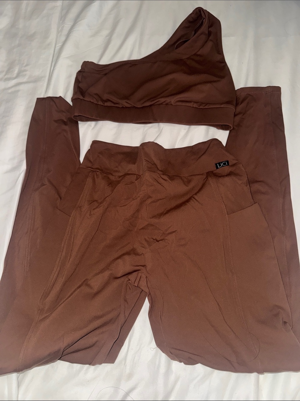 LICI Brown One-Shoulder Sports Bra & High-Waist Leggings Set